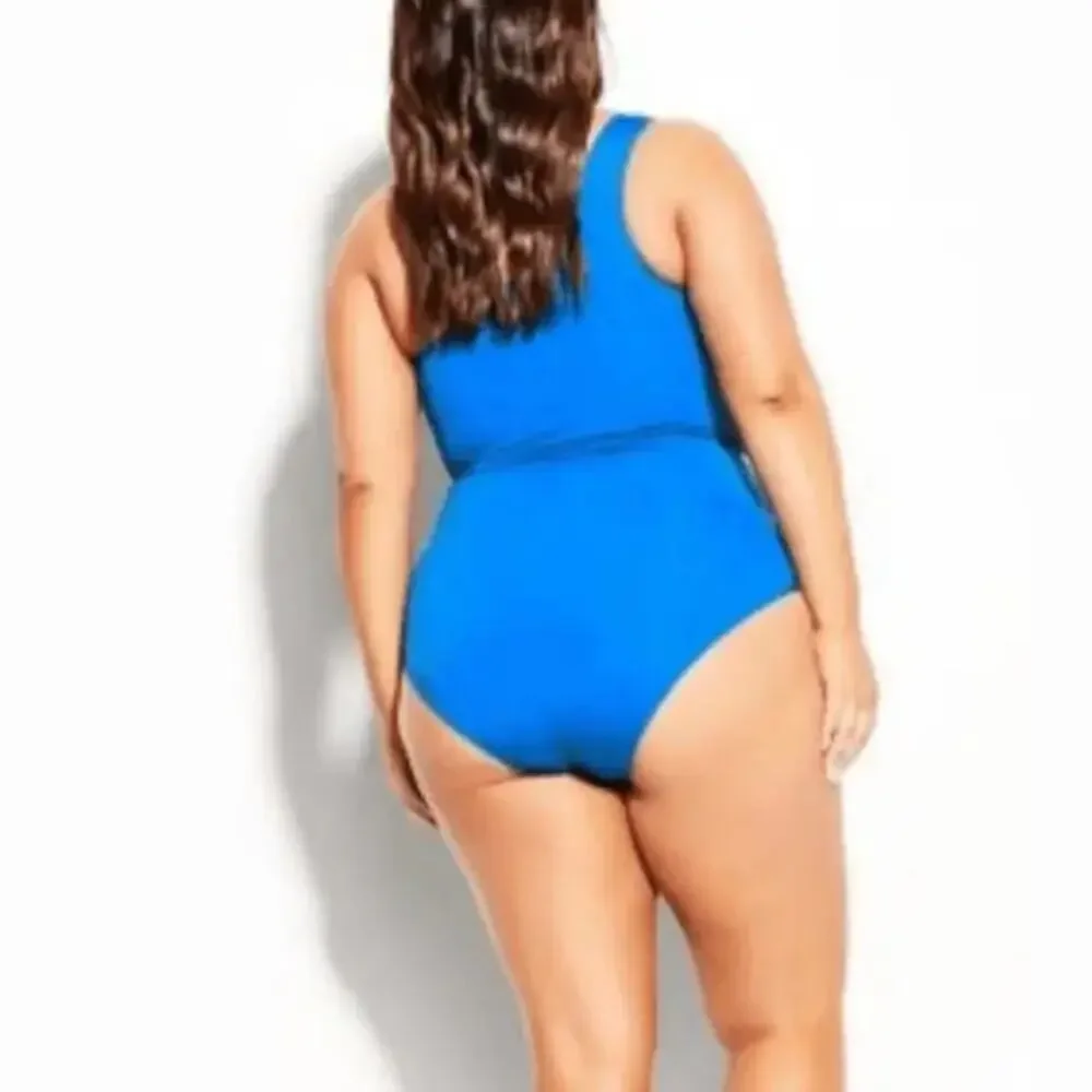 NWT City Chic Capri Ibiza blue and Absynth green sash one shoulder swimsuit, 20